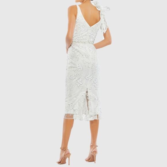 Mac Duggal White Floral Embellished V-neck Midi Dress with Shoulder Bow Sz 14 - Picture 7 of 10